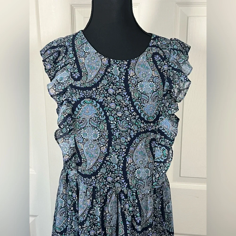 J.Crew Paisley Midi Dress Blue Ruffle Sleeve Fit Flare Spring 6